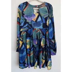 Jodifl Boho Y2K Bell Sleeve Dress Abstract Leaf Print Mini Festival Size Small